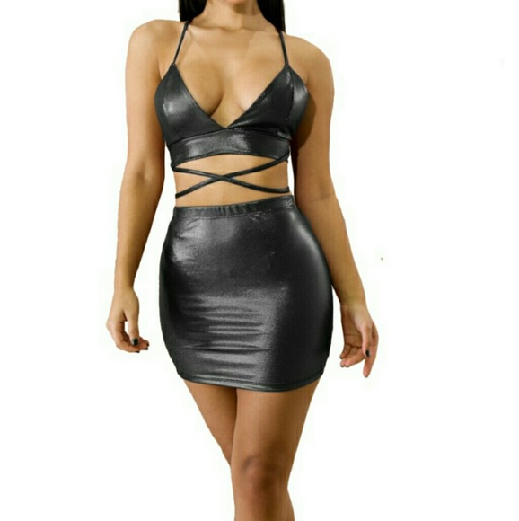 PU Strappy Solid Color Sexy Two-Piece Set - Picture 2 of 7